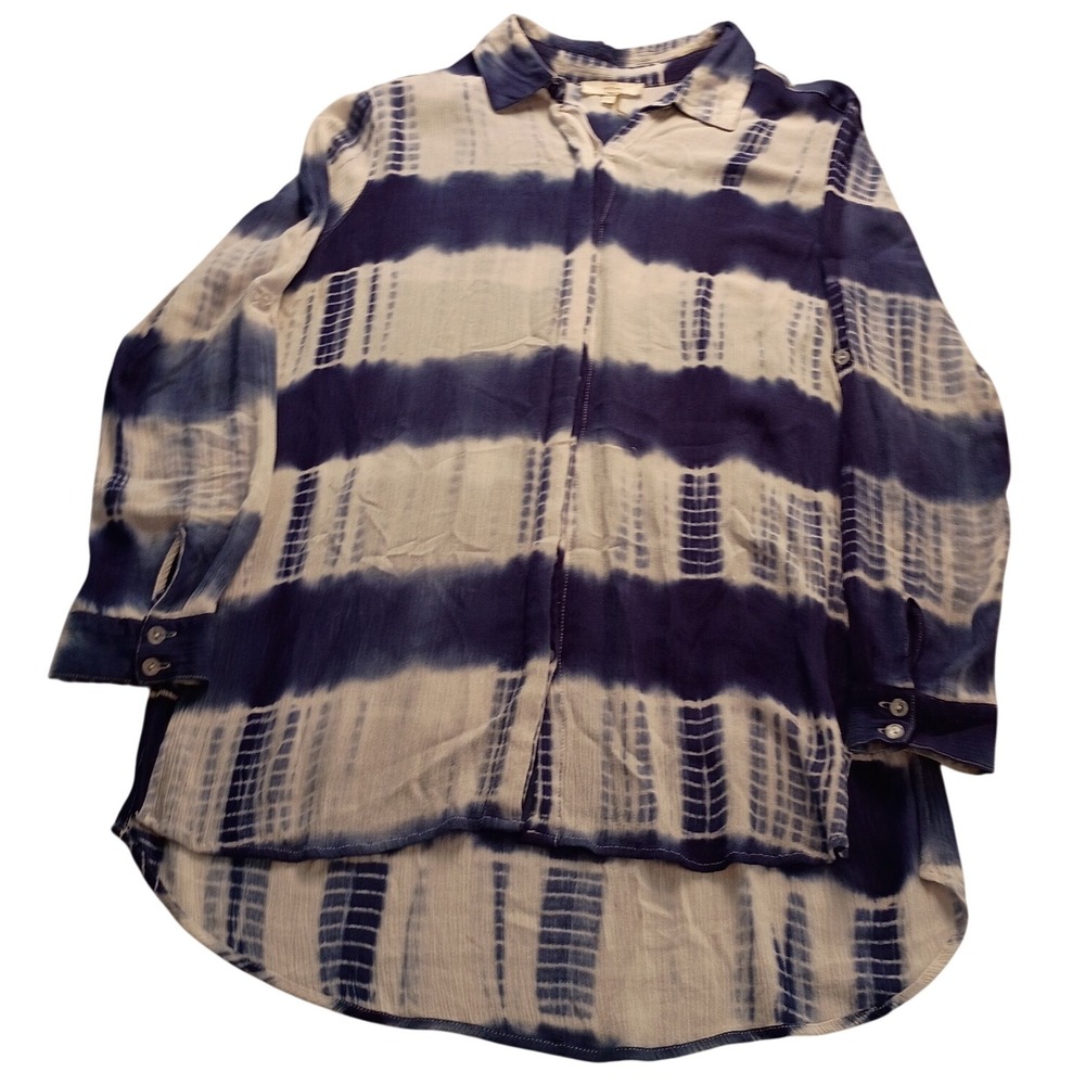 Entro Button Down Women's Tie Dye Hi-Low Hem Shirt Large Blue White Casual Top